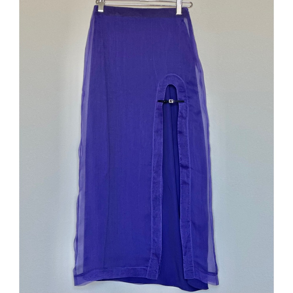 Gucci Purple 100% Silk Organdy Sheer Maxi Skirt GG Buckle Slit IT 34 US 00